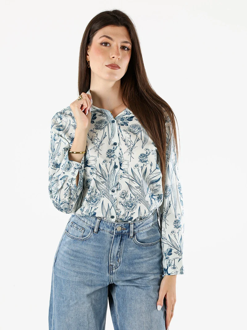 Camicia floreale da donna in cotone a maniche lunghe - turchese