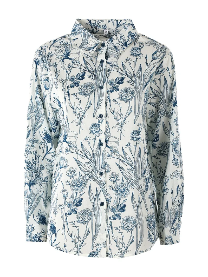 Camicia floreale da donna in cotone a maniche lunghe - turchese