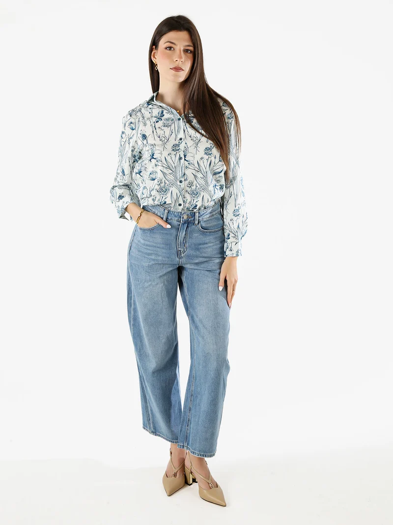 Camicia floreale da donna in cotone a maniche lunghe - turchese