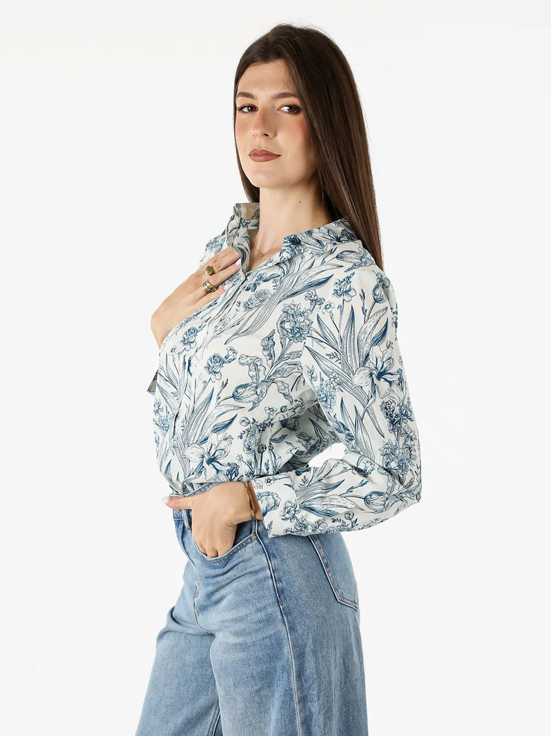 Camicia floreale da donna in cotone a maniche lunghe - turchese