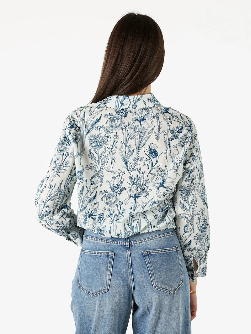 Camicia floreale da donna in cotone a maniche lunghe - turchese