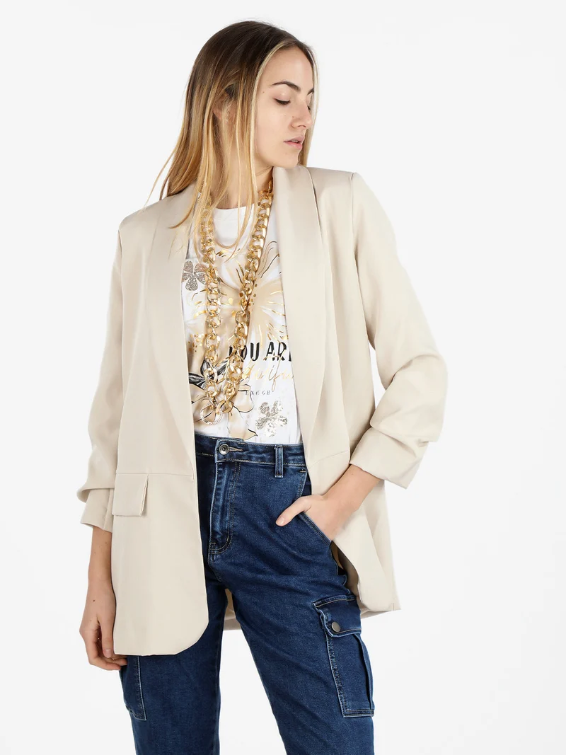 Blazer donna aperto con maniche arricciate - beige