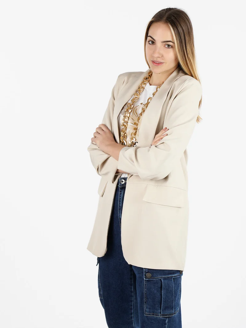 Blazer donna aperto con maniche arricciate - beige