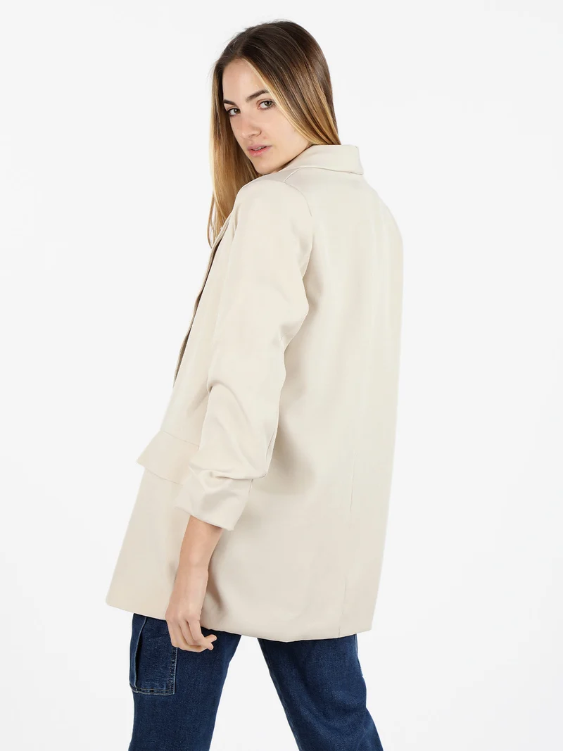 Blazer donna aperto con maniche arricciate - beige