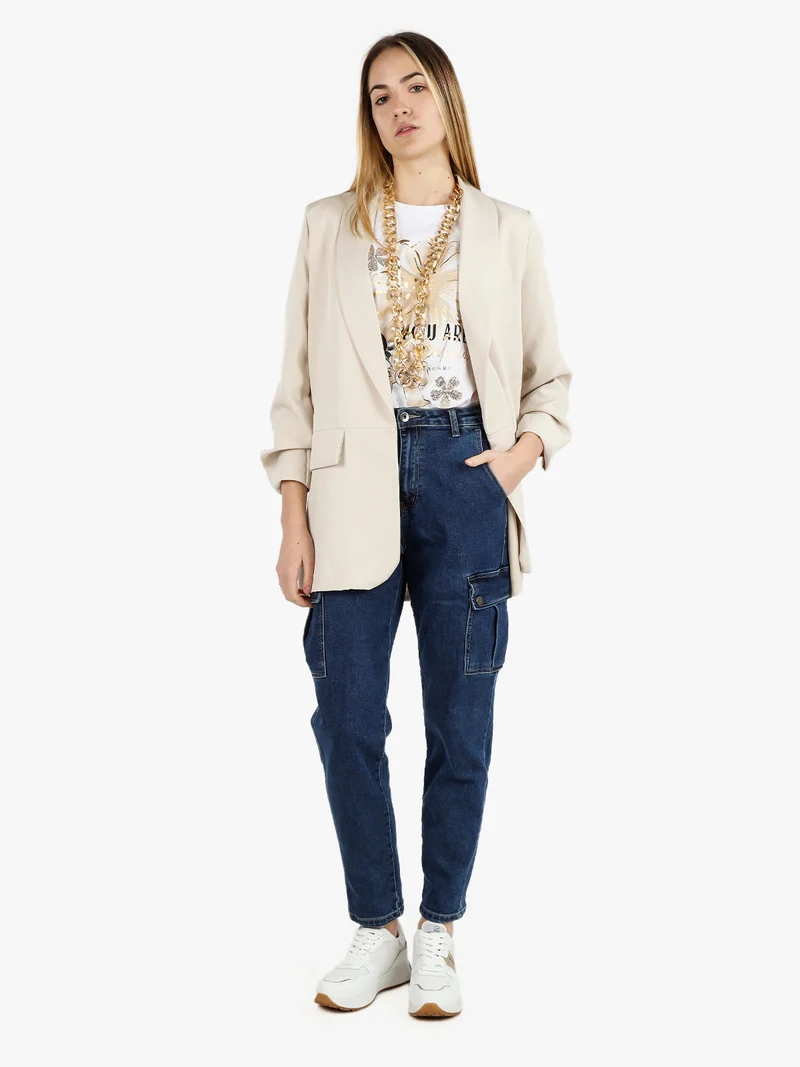 Blazer donna aperto con maniche arricciate - beige