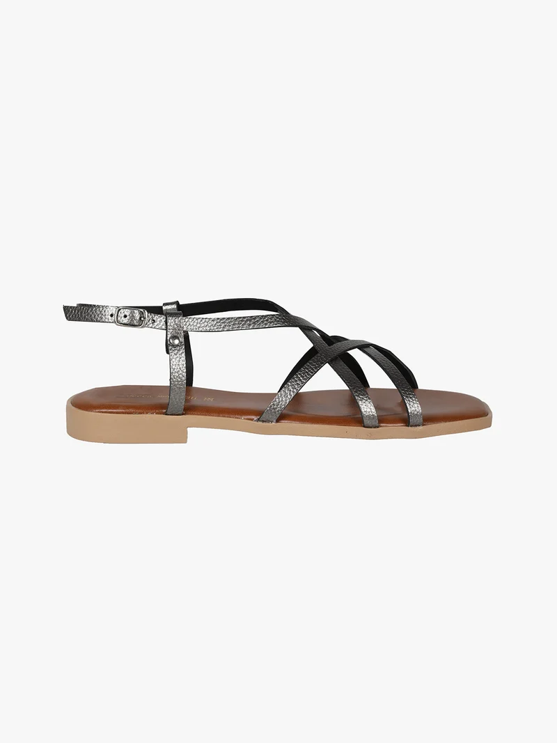 Sandali bassi in pelle da donna con fascette incrociate - grigio