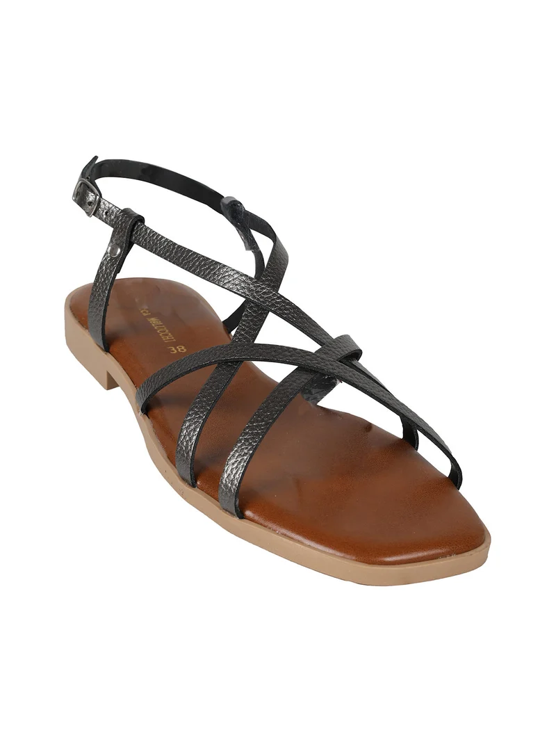 Sandali bassi in pelle da donna con fascette incrociate - grigio