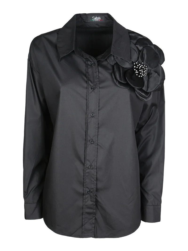 Camicia donna oversize con fiore gioiello applicato - nero