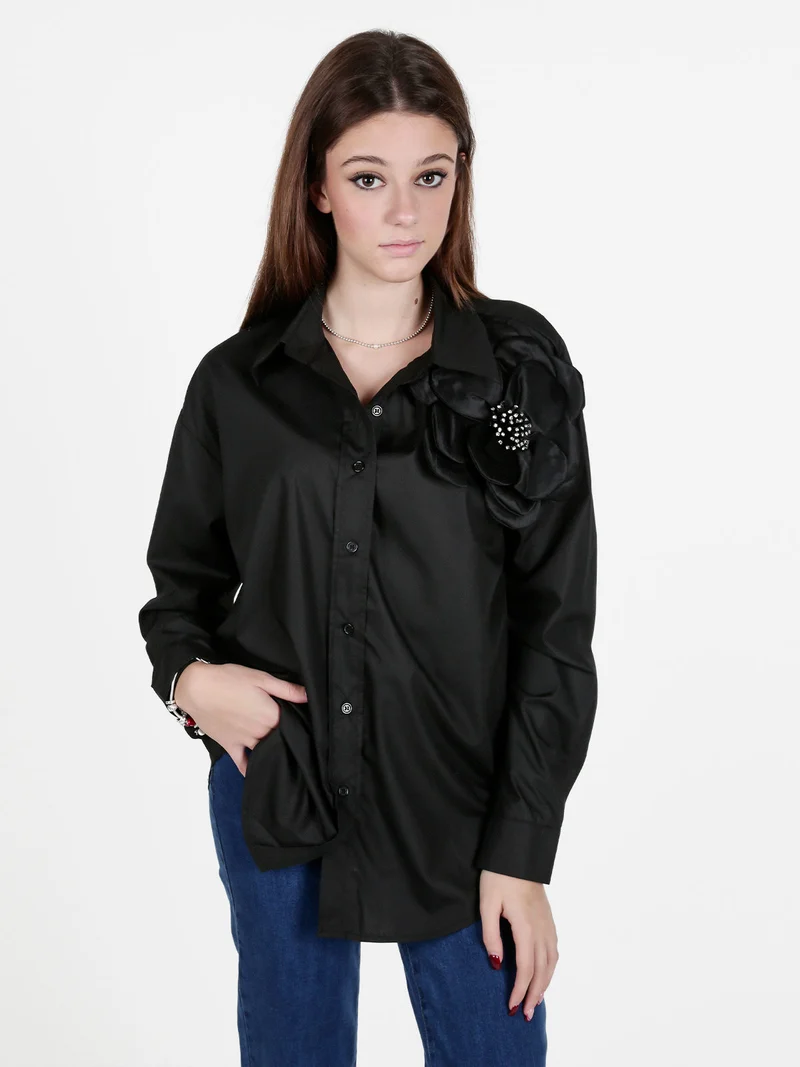 Camicia donna oversize con fiore gioiello applicato - nero