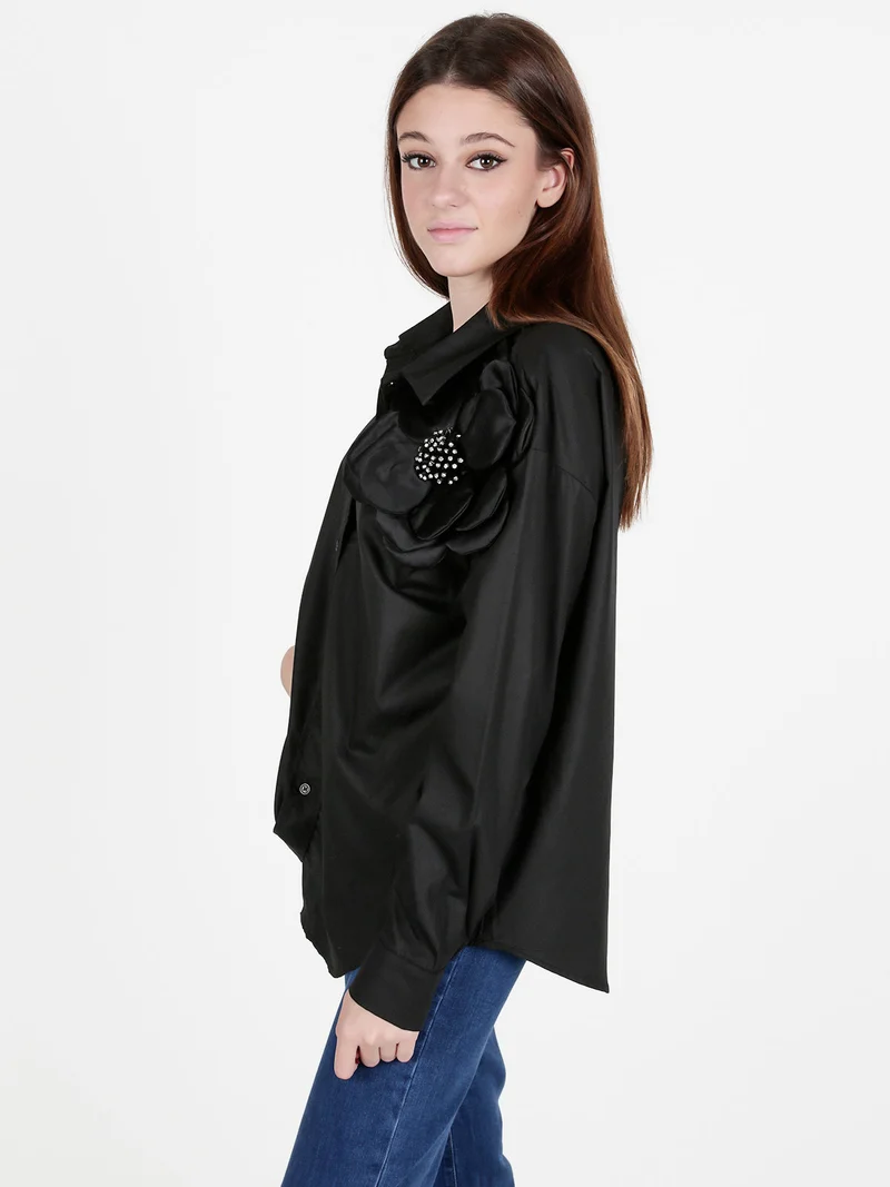 Camicia donna oversize con fiore gioiello applicato - nero