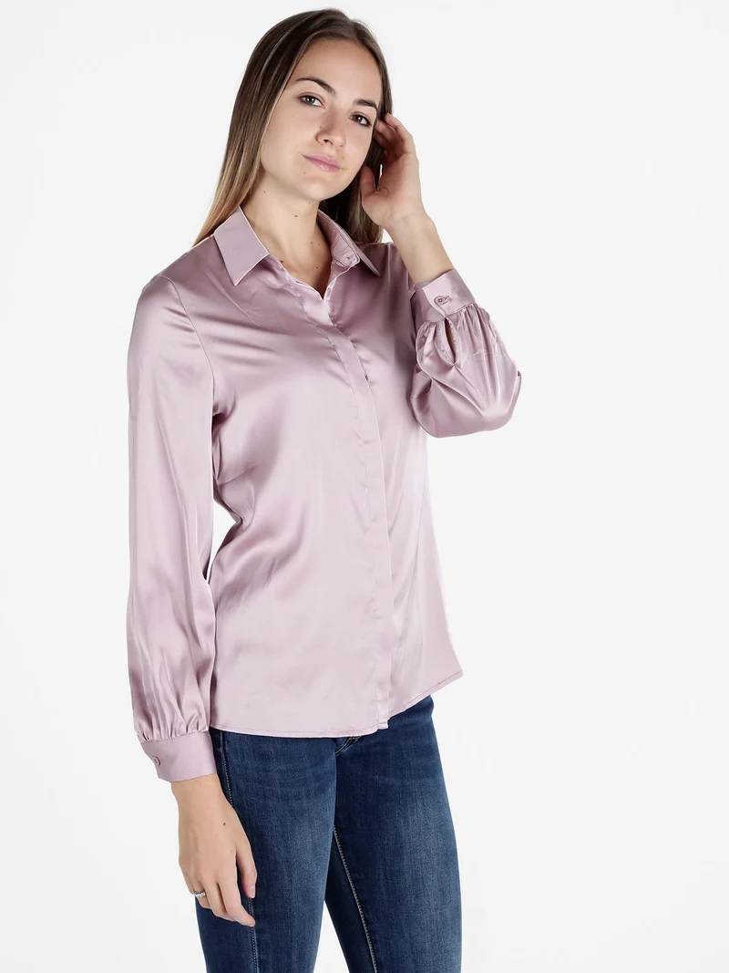 Camicia donna a maniche lunghe effetto raso - rosa