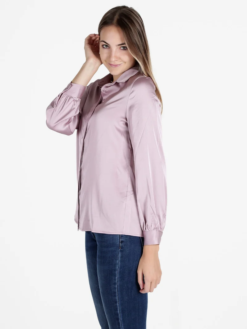 Camicia donna a maniche lunghe effetto raso - rosa