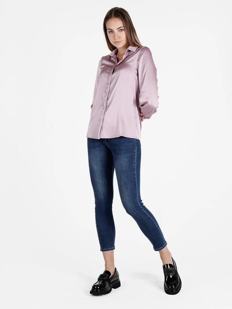 Camicia donna a maniche lunghe effetto raso - rosa