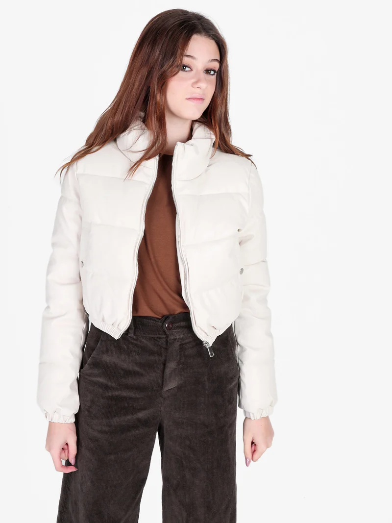 Piumino puffer cropped da donna in ecopelle - beige