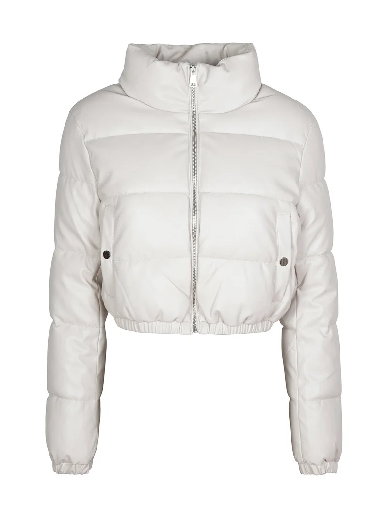 Piumino puffer cropped da donna in ecopelle - beige