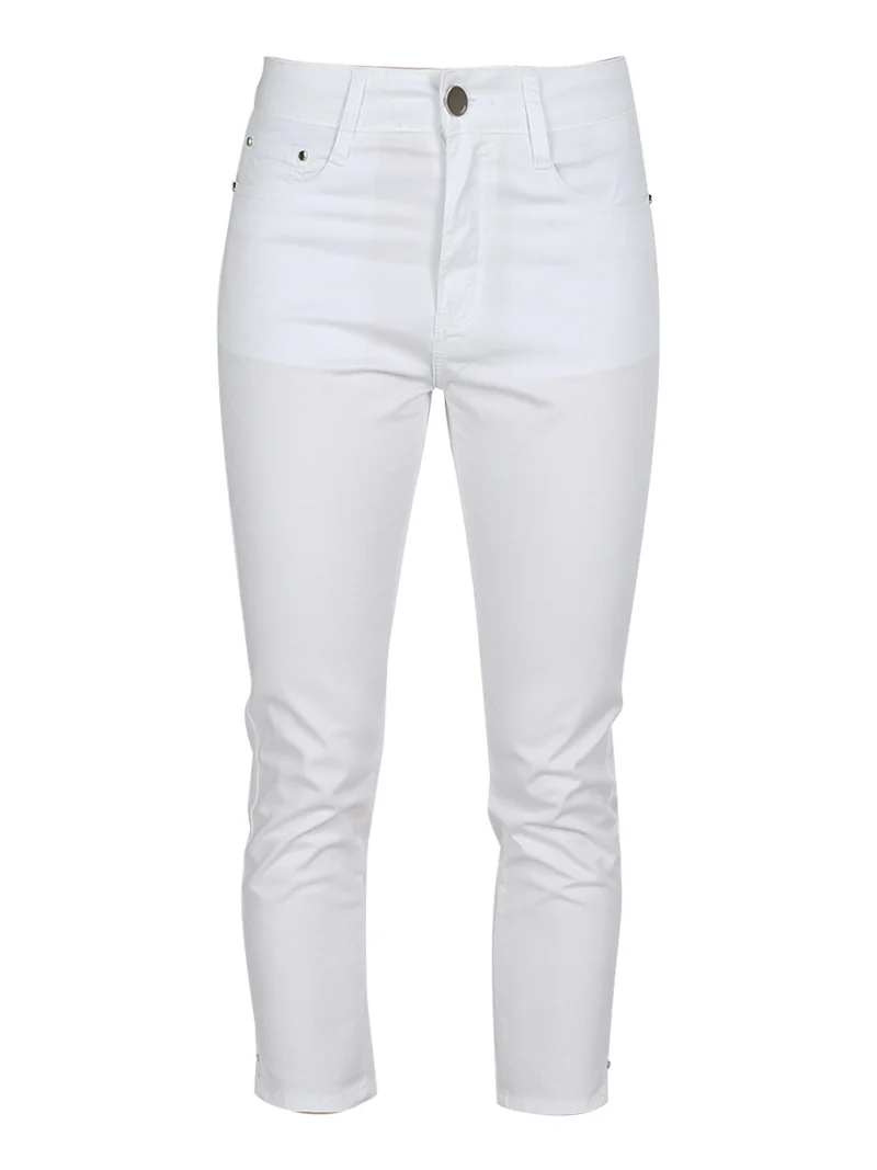 Pantaloni capri donna in cotone con piccolo spacco e strass sul finale - bianco