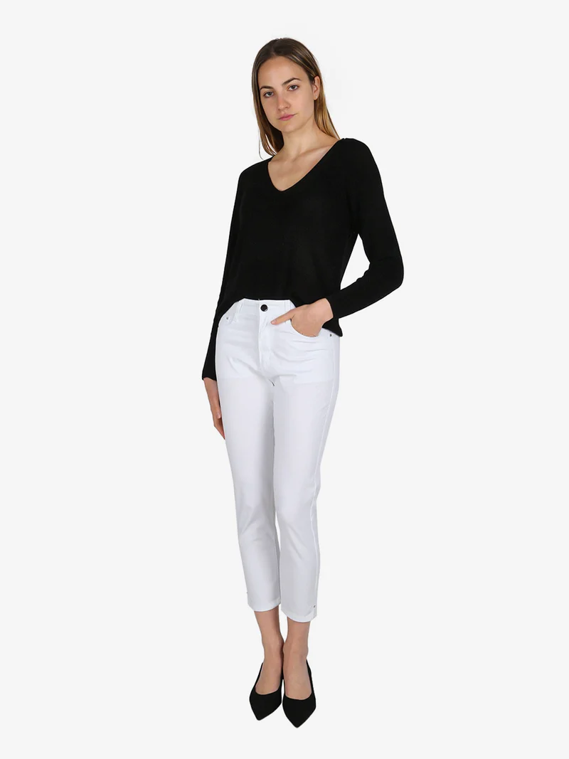 Pantaloni capri donna in cotone con piccolo spacco e strass sul finale - bianco
