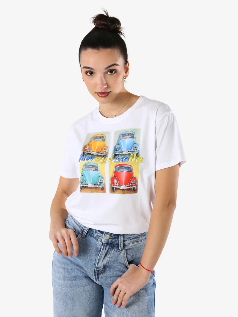 T-shirt da donna in cotone con stampa e strass - giallo