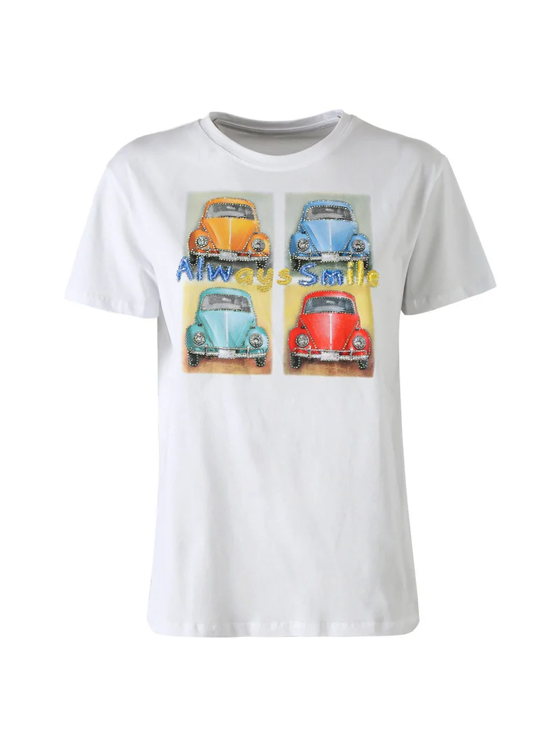 T-shirt da donna in cotone con stampa e strass - giallo