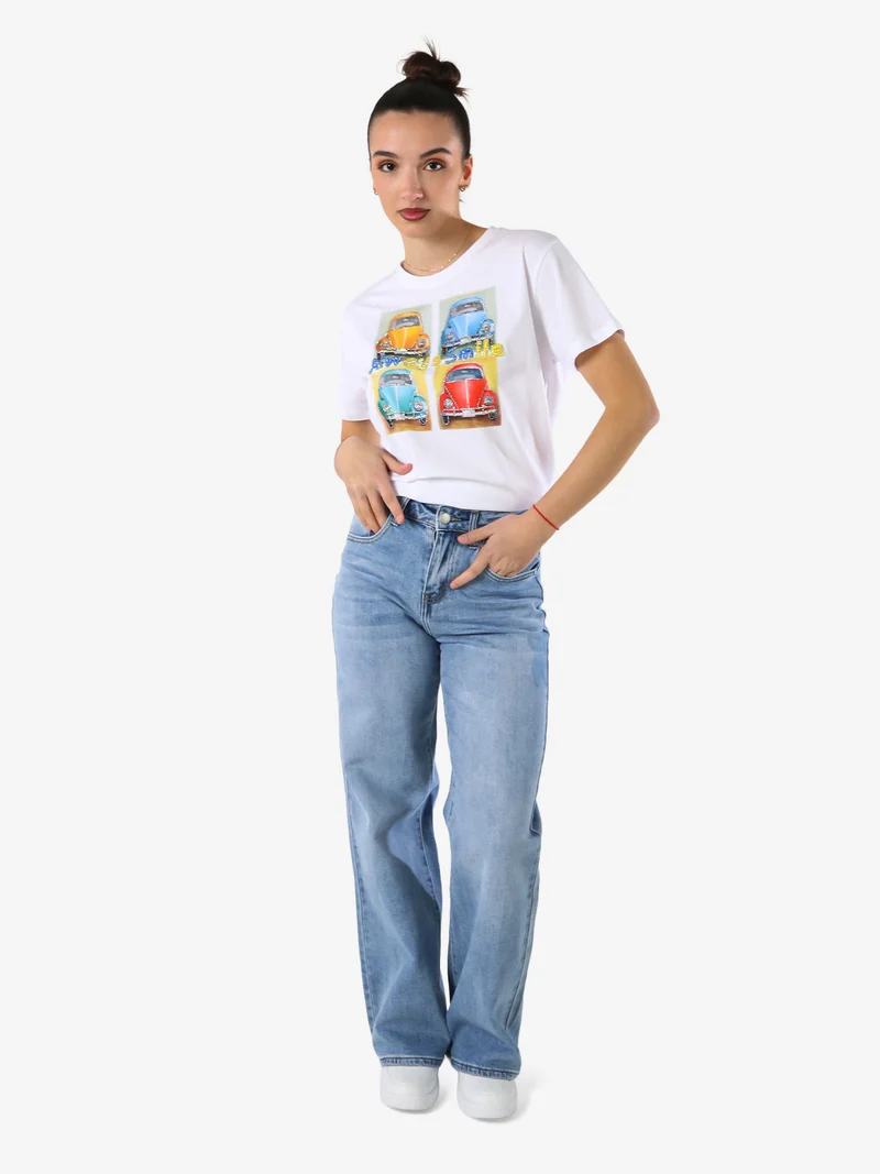 T-shirt da donna in cotone con stampa e strass - giallo
