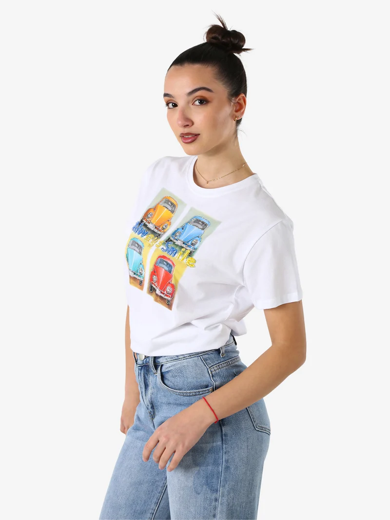 T-shirt da donna in cotone con stampa e strass - giallo