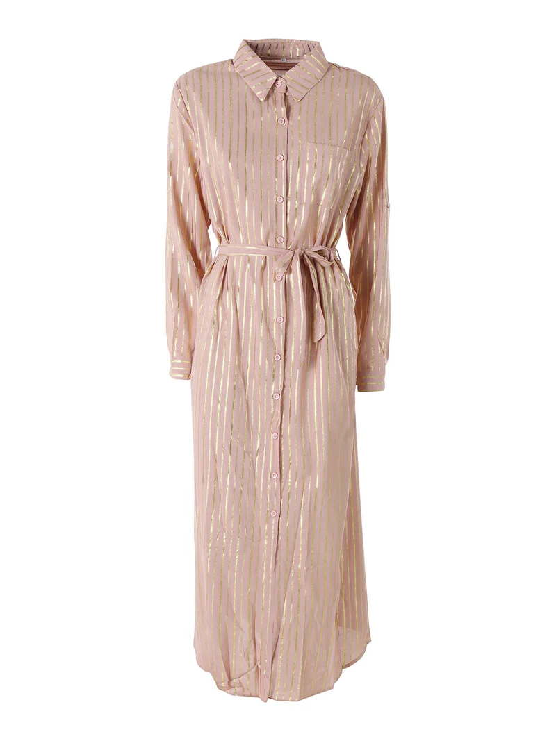 Abito lungo a camicia con maniche lunghe e stampa a righe - rosa