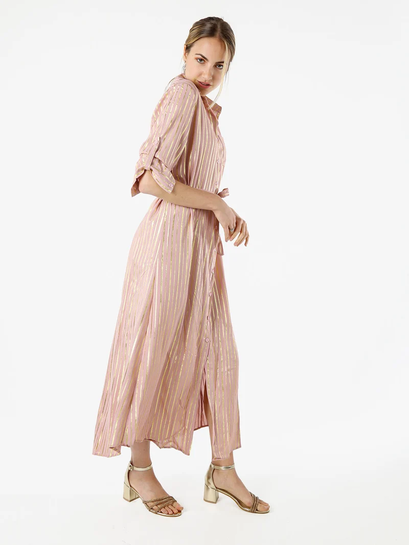 Abito lungo a camicia con maniche lunghe e stampa a righe - rosa
