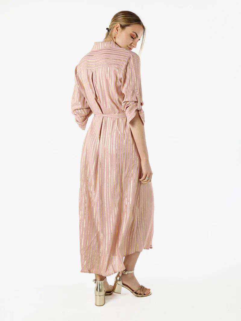 Abito lungo a camicia con maniche lunghe e stampa a righe - rosa