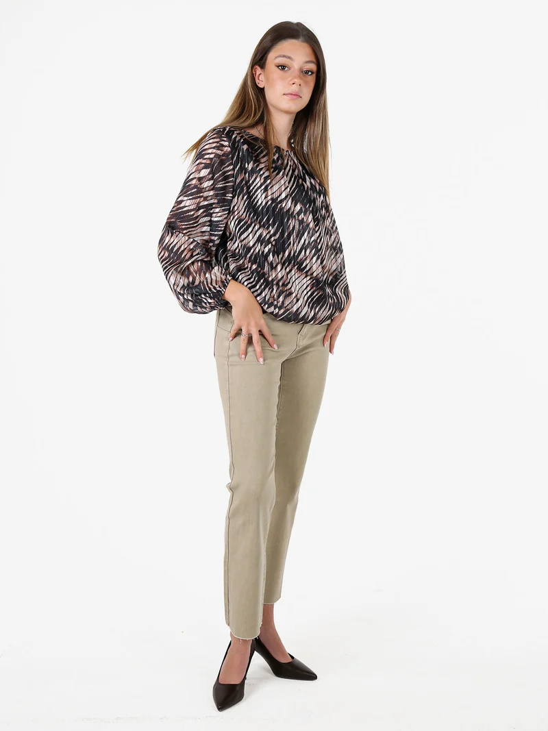 Blusa donna a fantasia con maniche lunghe velate a palloncino - nero