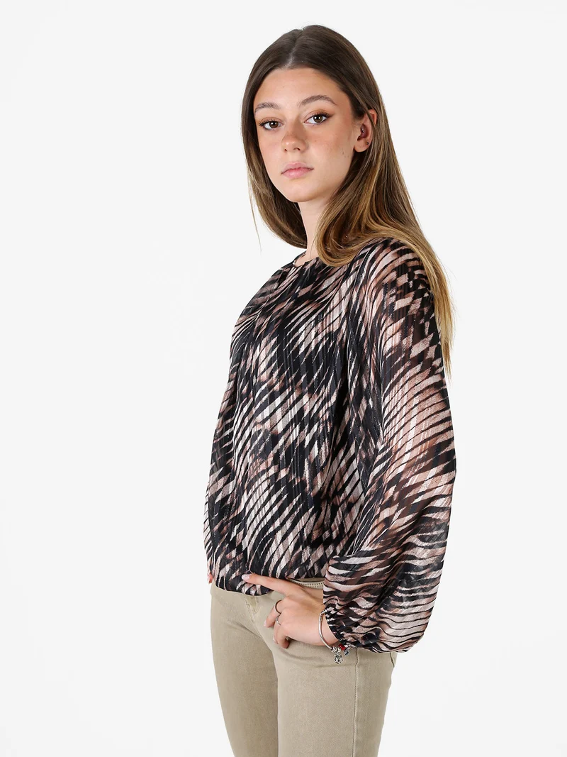 Blusa donna a fantasia con maniche lunghe velate a palloncino - nero