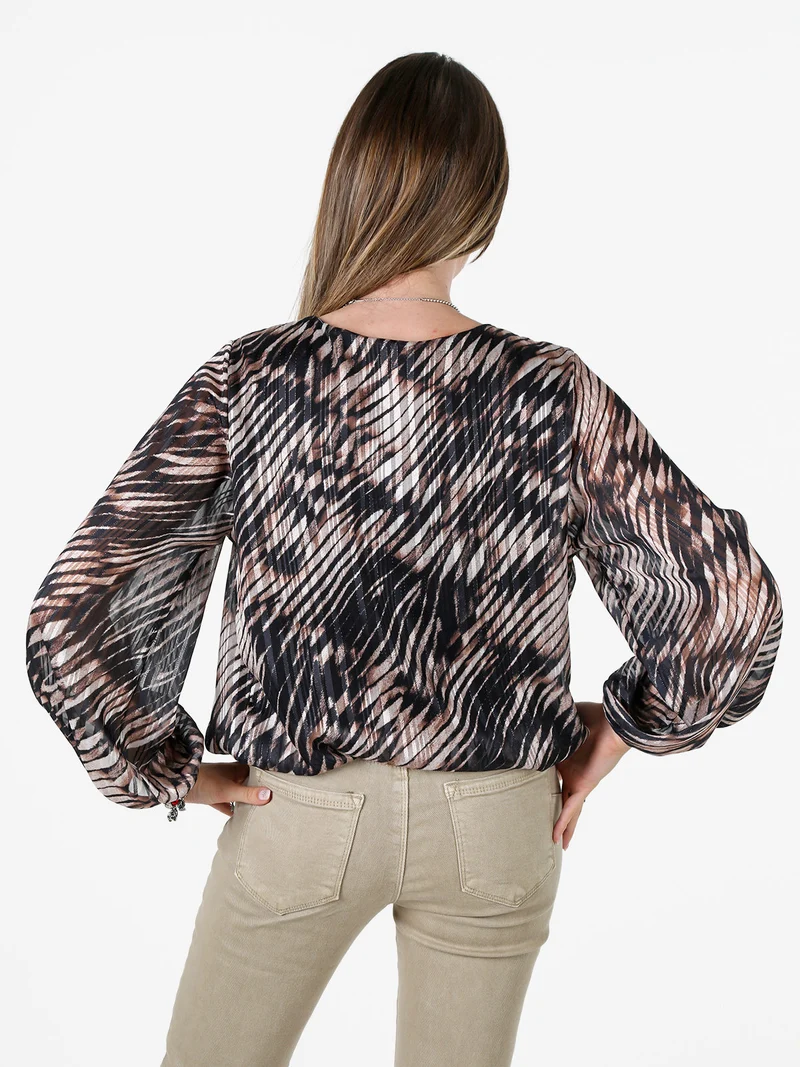 Blusa donna a fantasia con maniche lunghe velate a palloncino - nero