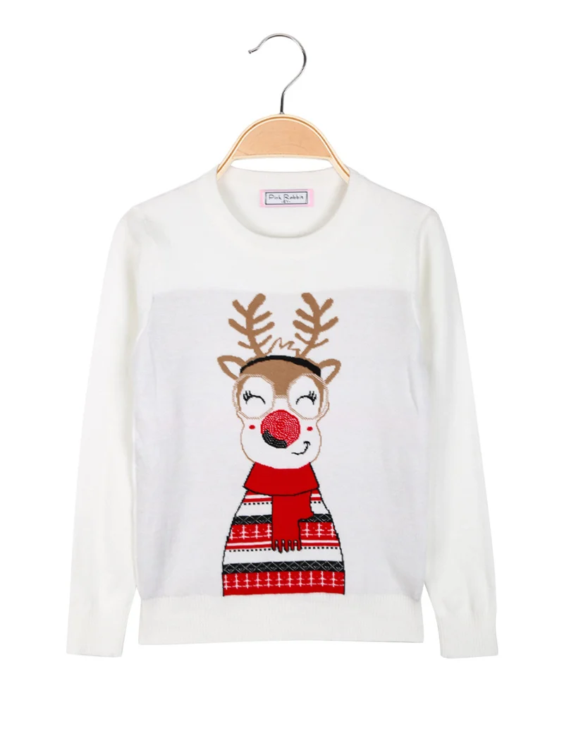 Maglione natalizio da bambina con renna - bianco