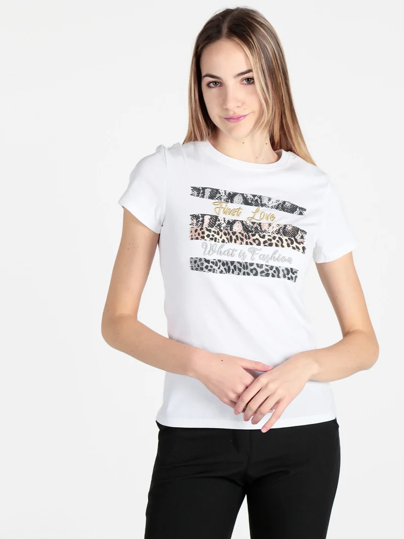 T-shirt donna in cotone con dettagli animalier - bianco