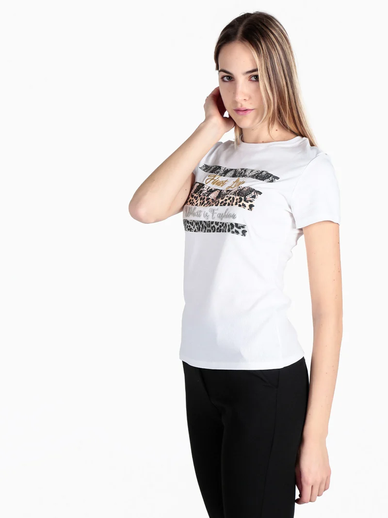 T-shirt donna in cotone con dettagli animalier - bianco