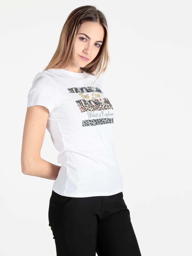 T-shirt donna in cotone con dettagli animalier - bianco