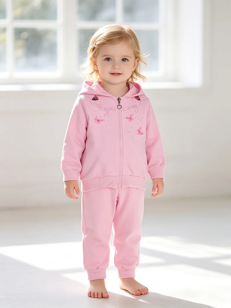 Completo tuta 3 pezzi da neonata con cappuccio e zip - rosa