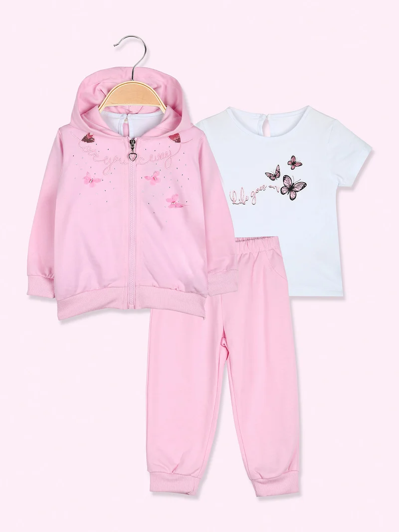 Completo tuta 3 pezzi da neonata con cappuccio e zip - rosa