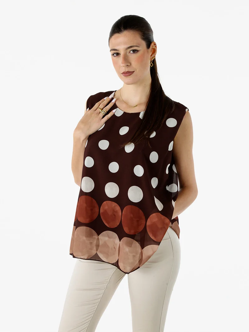 Blusa donna smanicata con stampa a pois grossi - moro