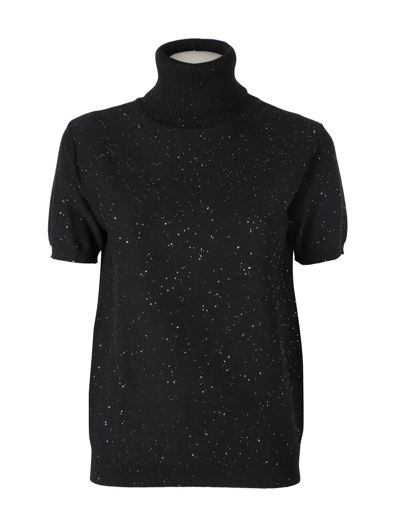 Maglia dolcevita da donna a maniche corte - nero