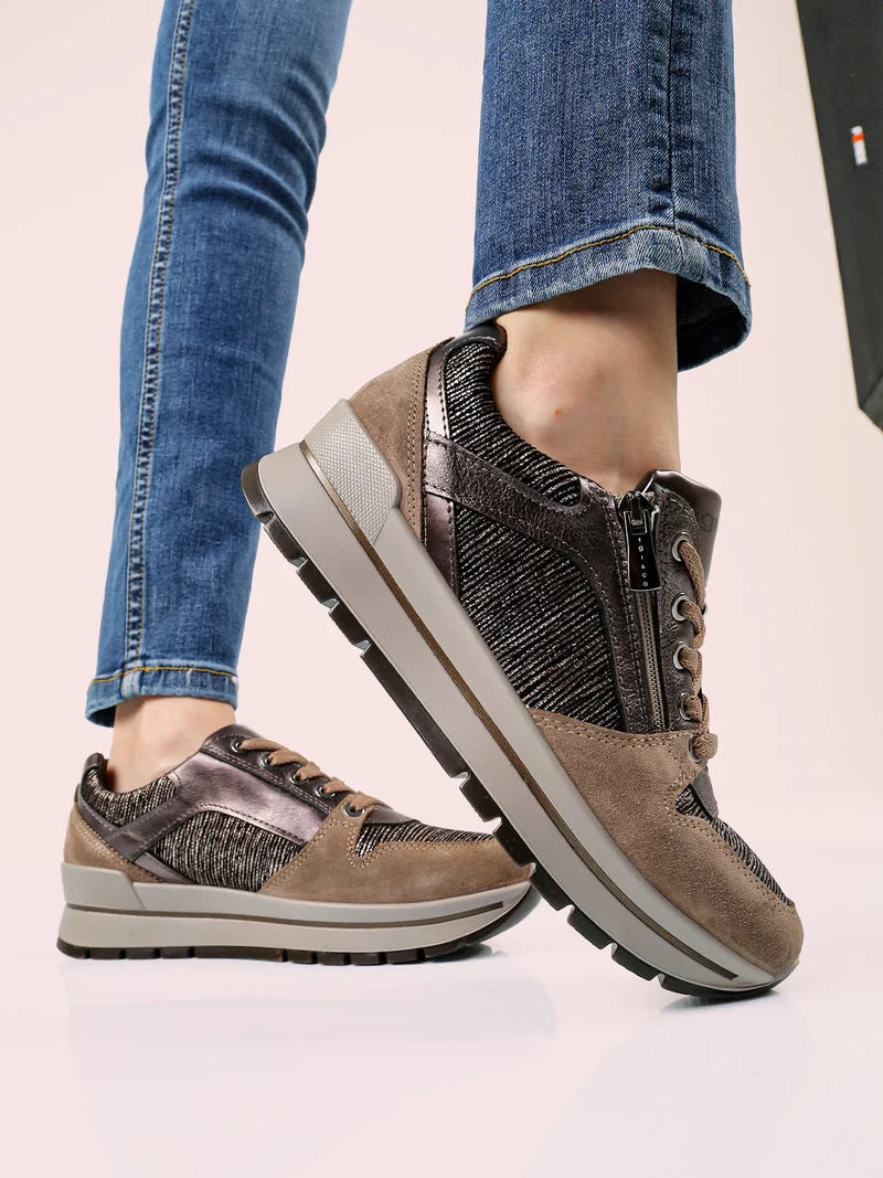 Sneakers donna in pelle con zip e lacci - bronzo