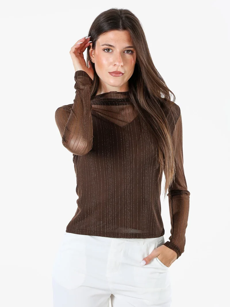 Maglia donna accollata con maniche lunghe velate e dettagli lurex - moro