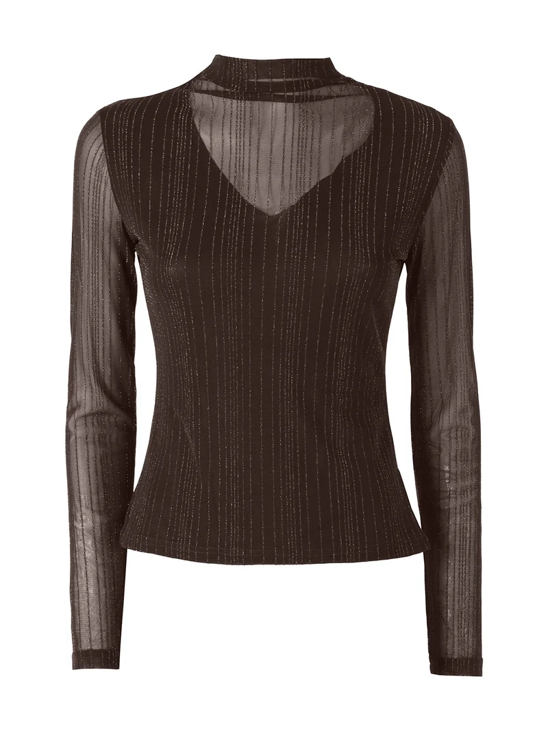 Maglia donna accollata con maniche lunghe velate e dettagli lurex - moro