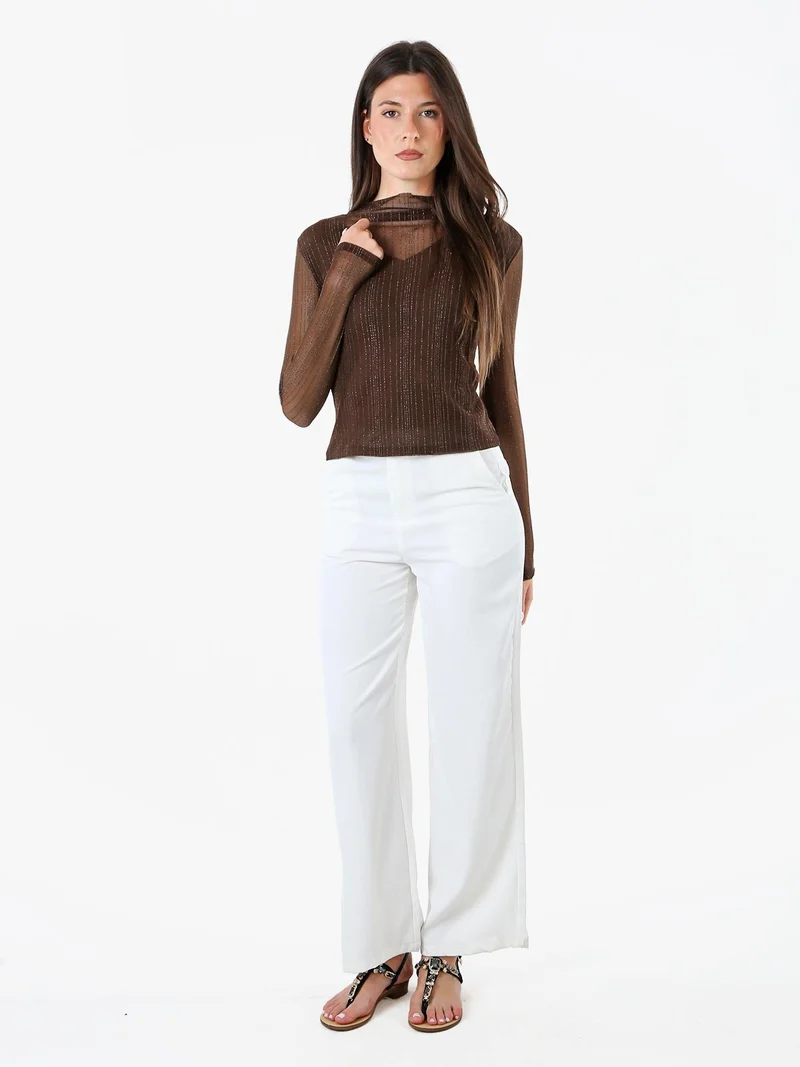 Maglia donna accollata con maniche lunghe velate e dettagli lurex - moro