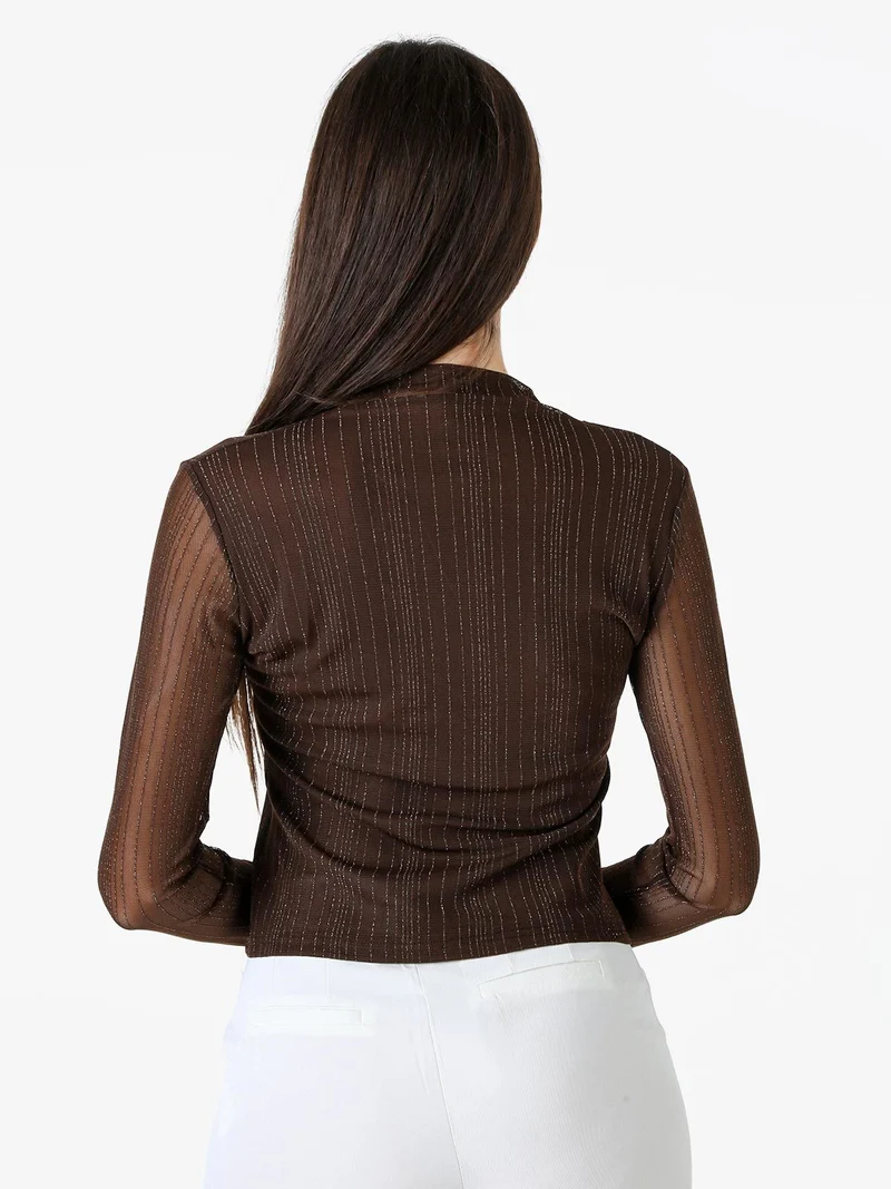 Maglia donna accollata con maniche lunghe velate e dettagli lurex - moro