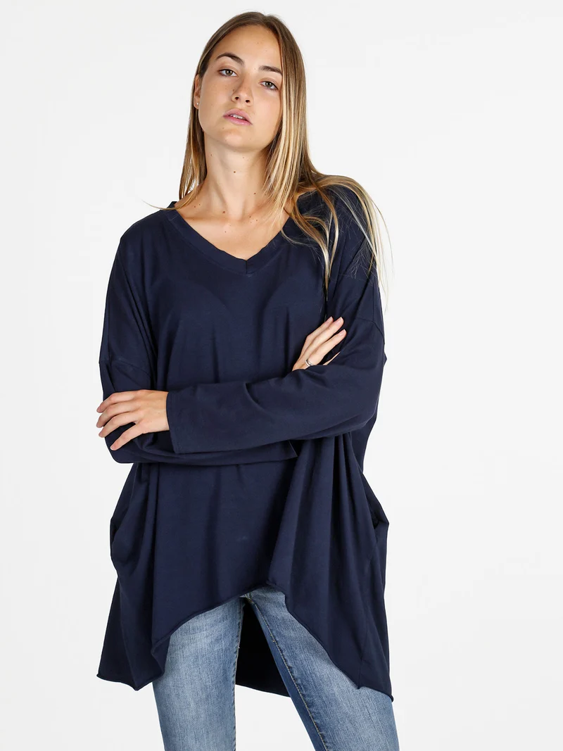 Maxi t-shirt donna in cotone a maniche lunghe - blu
