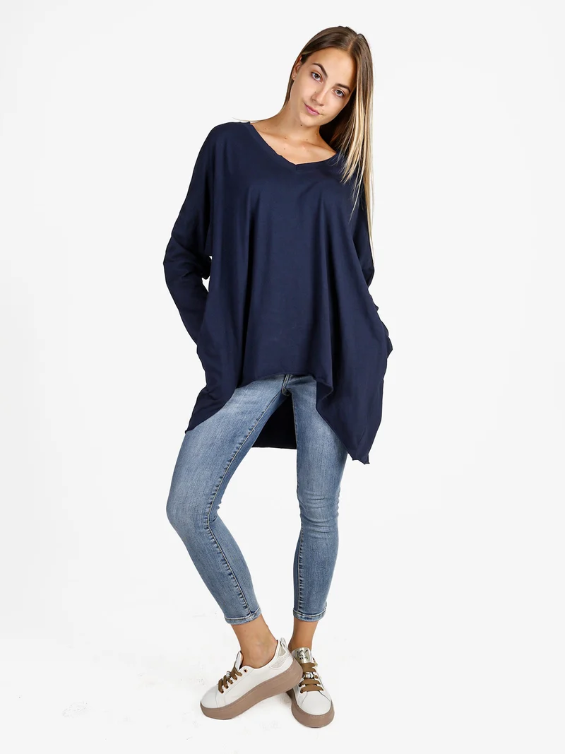Maxi t-shirt donna in cotone a maniche lunghe - blu