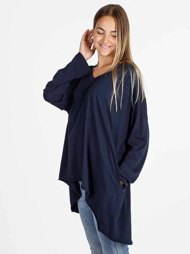 Maxi t-shirt donna in cotone a maniche lunghe - blu