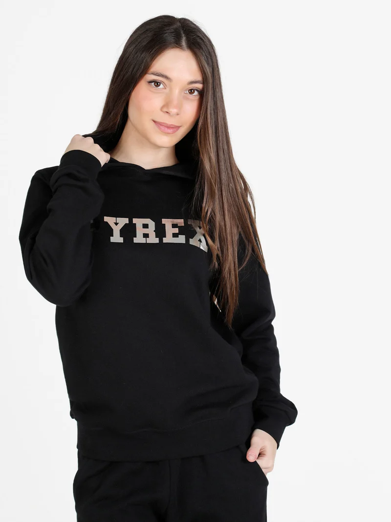 Felpa donna in cotone con cappuccio e stampa logo - nero