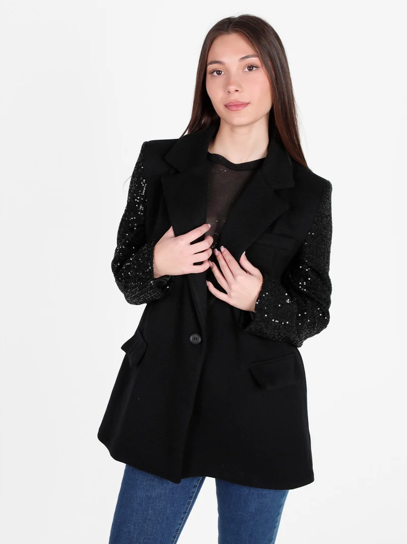 Blazer donna oversize con maniche di paillettes - nero