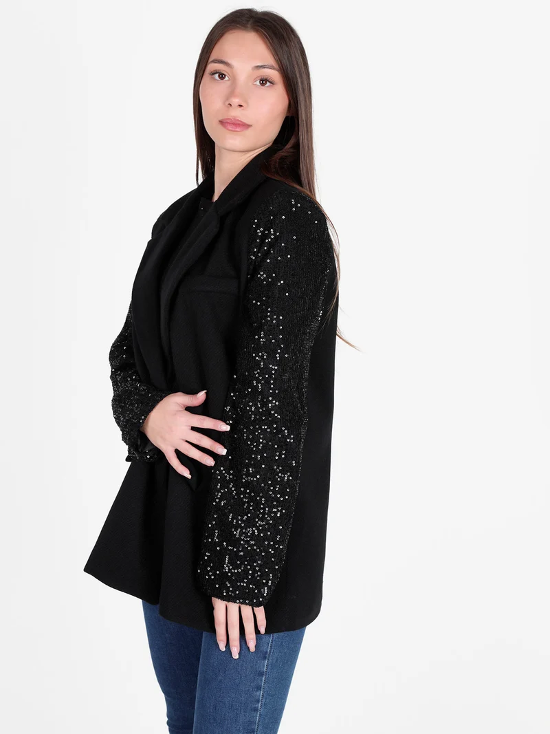 Blazer donna oversize con maniche di paillettes - nero